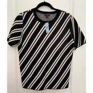 NWT Ann Taylor Black White Diagonal Stripe Short Sleeve Sweater Size Large Petit